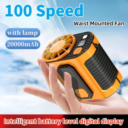 20000Mah with Strong Light 100Speed Waist Mounted Fan High-Temperature Outdoor Work Room Welding Site Portable Waist-Mounted Fan